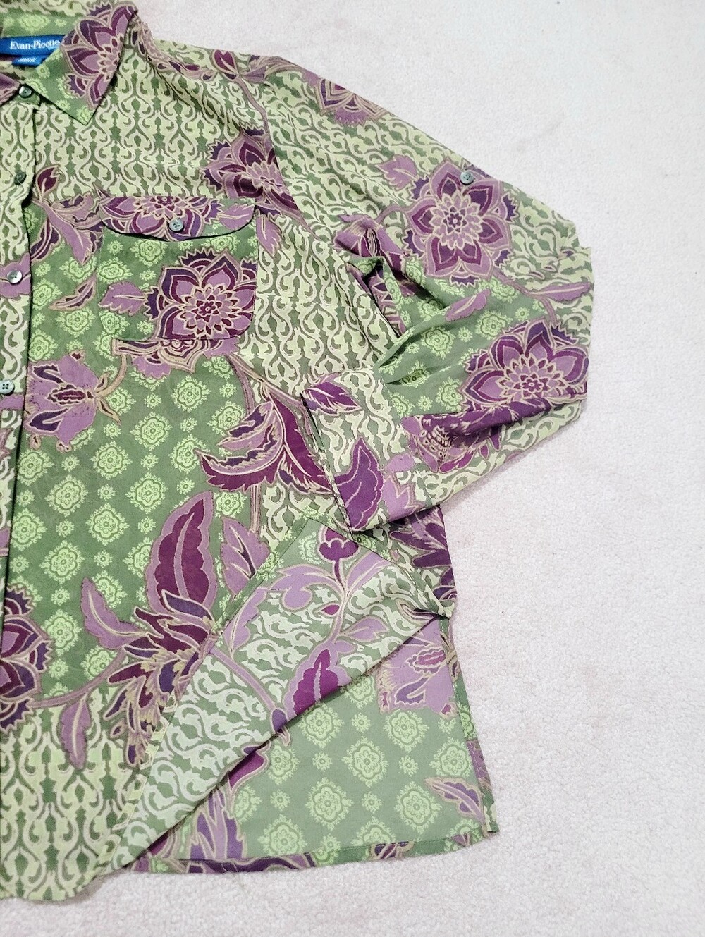 Evan-Picone Woman Size1X Floral Button Front Blouse Green Purple Boho Career Top - Picture 7 of 12
